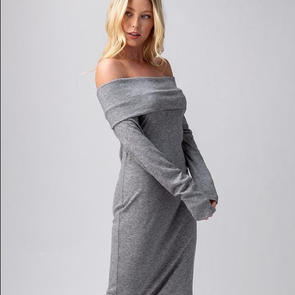 NWT Sexy Gray Off Shoulder Long Sleeve Women's  Sweater Midi Dress Size - Picture 2 of 2